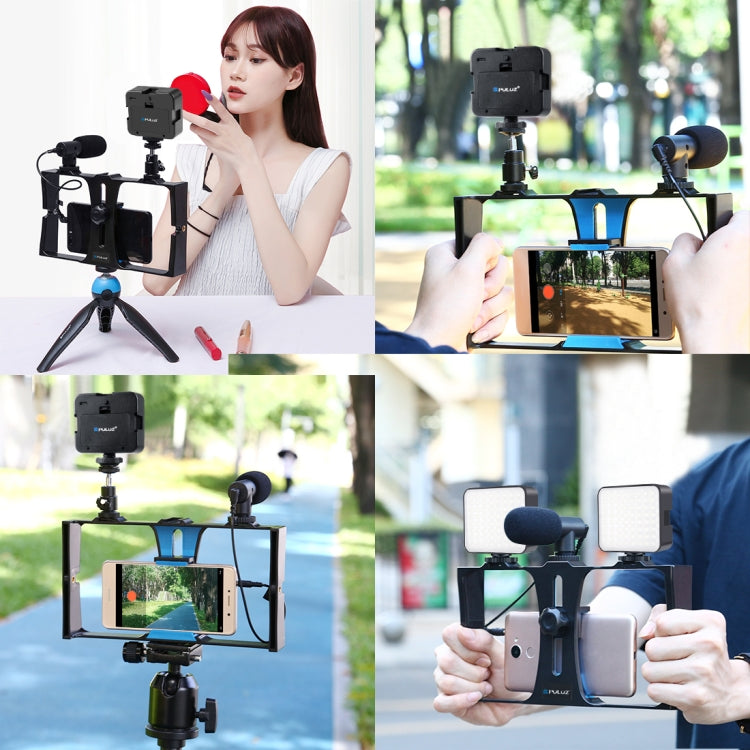 PULUZ 4 in 1 Vlogging Live Broadcast LED Selfie Fill Light Kit di attrezzatura video per smartphone con microfono + supporto per treppiede + testa per treppiede con slitta fredda per iPhone, Galaxy, Huawei, Xiaomi, HTC, LG, Google e altri smartphone