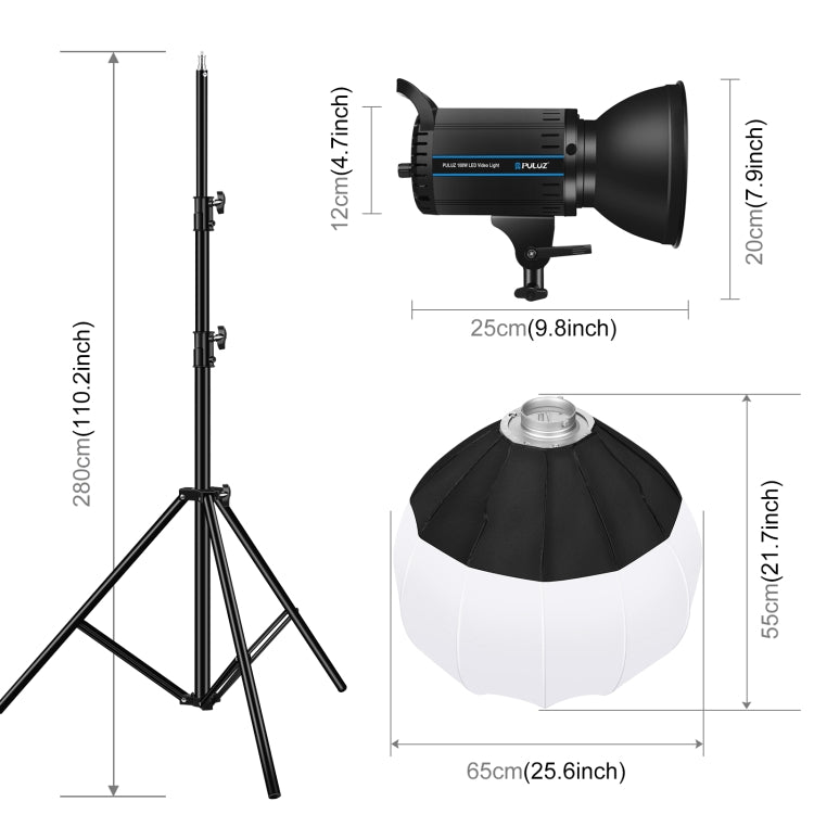 Luce video da studio PULUZ 100W 5600K + supporto luce da 2,8 m + kit fotografico Softbox lanterna pieghevole da 65 cm