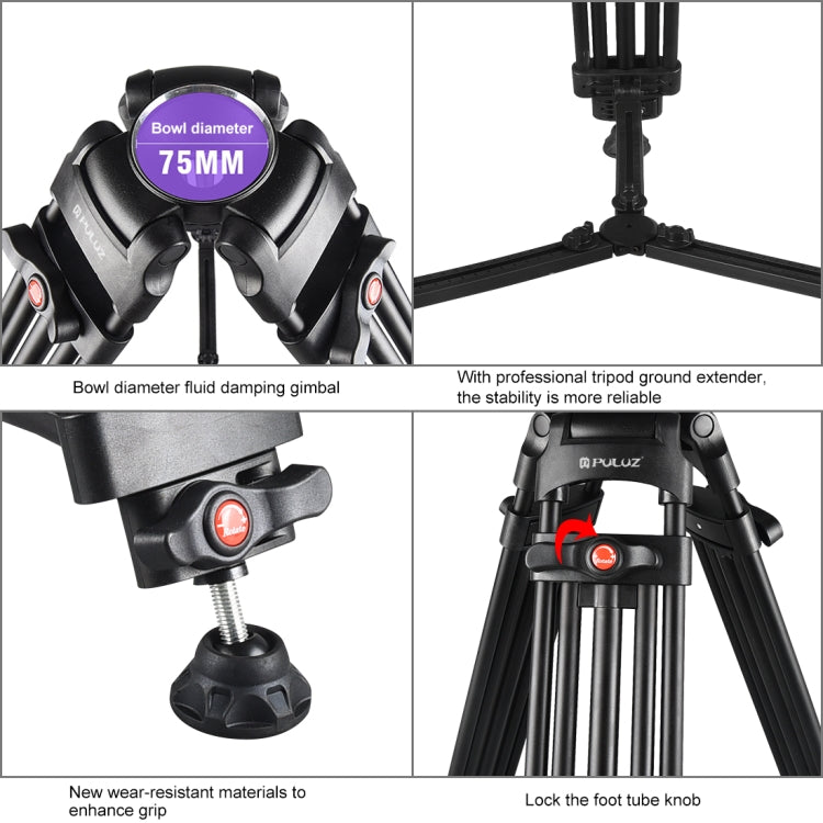 PULUZ 3 in 1 (Treppiede + Adattatore Ciotola + Testina di Trascinamento del Fluido) Kit di Montaggio su Treppiede in Lega di Alluminio per Fotocamera DSLR/SLR