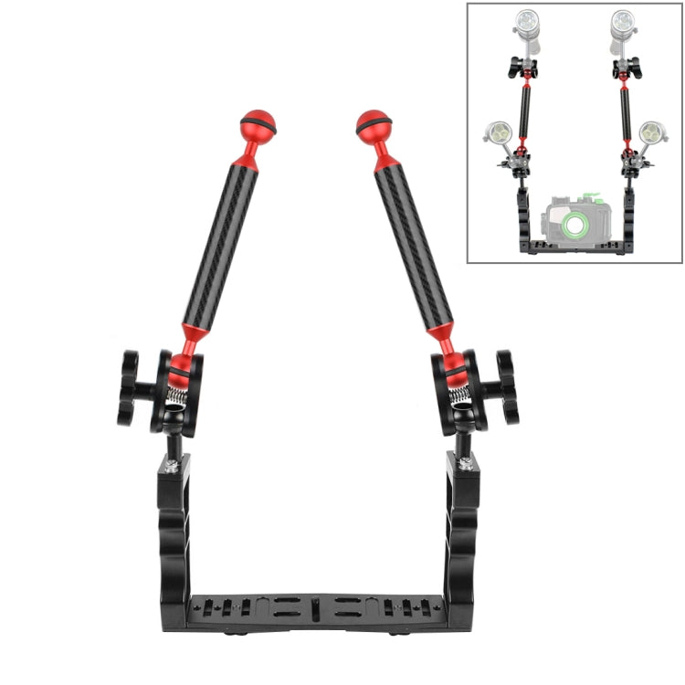 PULUZ Stabilizzatore per vassoio in alluminio a doppia impugnatura con 2 morsetti a doppia sfera in lega di alluminio e braccio galleggiante da 2 x 7 pollici per custodie per fotocamere subacquee