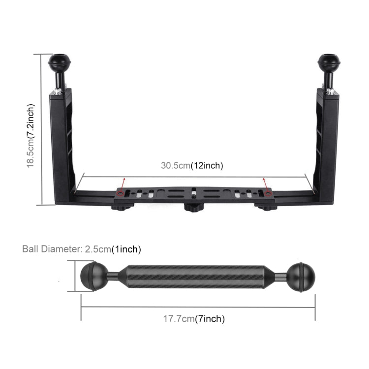 PULUZ Stabilizzatore per vassoio in alluminio a doppia impugnatura con 4 morsetti a doppia sfera in lega di alluminio e braccio galleggiante da 2 x 7 pollici e 2 adattatori per testa a sfera per custodie per fotocamere subacquee, 4 x Dual Ball