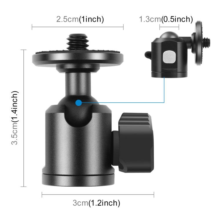 PULUZ Adattatore per testa a sfera per treppiede in metallo con vite interna da 1/4 di pollice con blocco della manopola, 1/4 inch Inner Screw