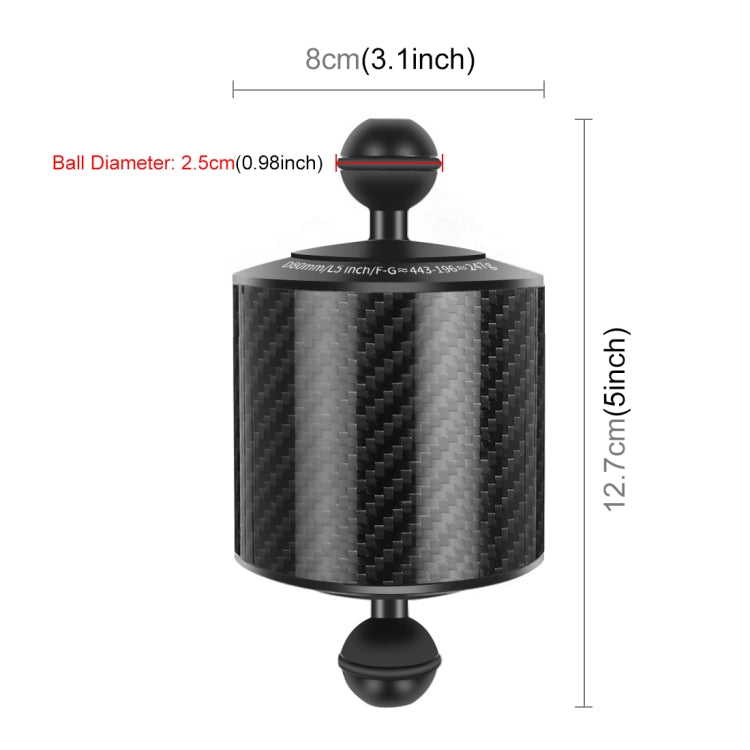 Braccio galleggiante in fibra di carbonio a doppia sfera PULUZ da 6,1 pollici, 15,5 cm, lunghezza 80 mm, diametro sfera: 25 mm, galleggiabilità: 400 g