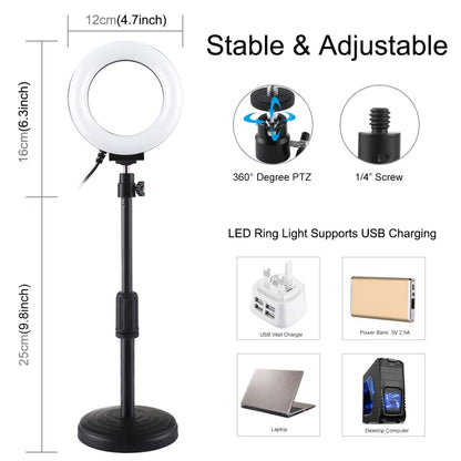 Supporto da tavolo con base rotonda PULUZ + luce video vlogging ad anello LED dimmerabile da 4,7 pollici 12 cm 3 modalità, altezza regolabile: 15,5 cm-25,5 cm