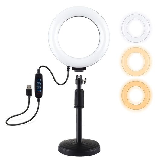 Supporto da tavolo PULUZ con base rotonda + luce video per vlogging con anello LED dimmerabile USB a 3 modalità da 6,2 pollici, altezza regolabile: 18 cm-28 cm