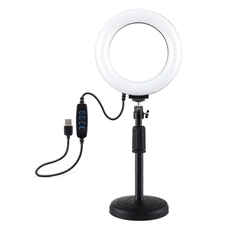 Supporto da tavolo PULUZ con base rotonda + luce video per vlogging con anello LED dimmerabile USB a 3 modalità da 6,2 pollici, altezza regolabile: 18 cm-28 cm