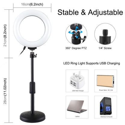 Supporto da tavolo PULUZ con base rotonda + luce video per vlogging con anello LED dimmerabile USB a 3 modalità da 6,2 pollici, altezza regolabile: 18 cm-28 cm