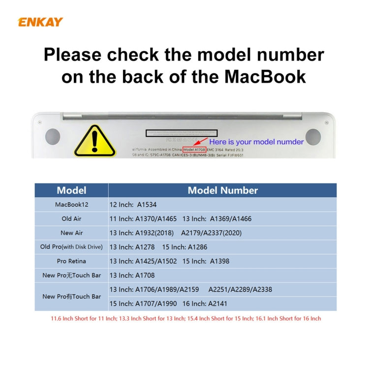 ENKAY Custodia protettiva per laptop in cristallo 3 in 1 + Pellicola per tastiera in TPU versione UE + Set di tappi antipolvere per MacBook Pro 13,3 pollici A1706 / A1989 / A2159 (con Touch Bar)