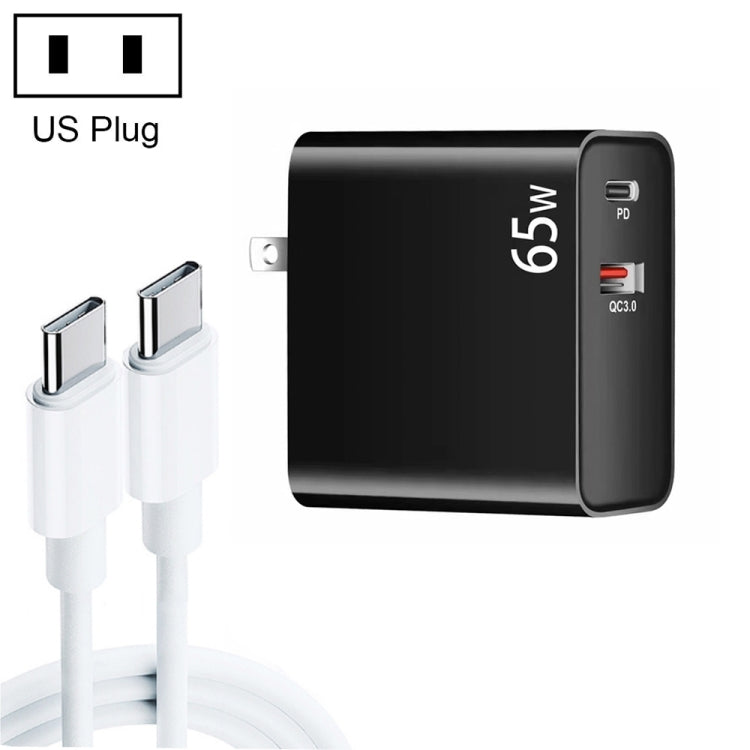 PD-65W USB-C / Tipo-C + QC3.0 adattatore di ricarica per laptop USB + set di cavi dati da USB-C/tipo-C a USB-C/tipo-C da 2 m, spina USA