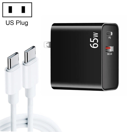 PD-65W USB-C / Tipo-C + QC3.0 adattatore di ricarica per laptop USB + set di cavi dati da USB-C/tipo-C a USB-C/tipo-C da 2 m, spina USA