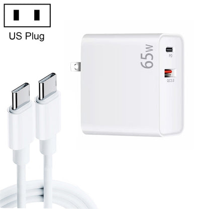 PD-65W USB-C / Tipo-C + QC3.0 adattatore di ricarica per laptop USB + set di cavi dati da USB-C/tipo-C a USB-C/tipo-C da 2 m, spina USA