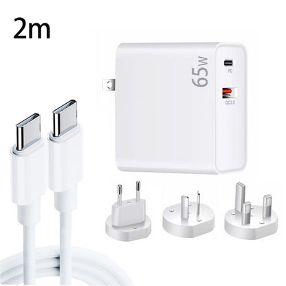 PD-65W USB-C / Tipo-C + QC3.0 adattatore di ricarica per laptop USB + set di cavi dati USB-C / da tipo C a USB-C / tipo C da 2 m, spina europea / spina AU / spina USA / spina UK