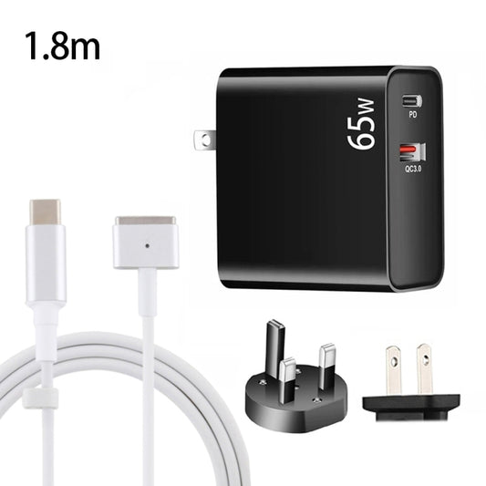 PD-65W USB-C / Tipo-C + QC3.0 adattatore di ricarica per laptop USB + cavo dati USB-C / Type-C da 1,8 m a MagSafe 2 / T Head, spina UK / spina USA