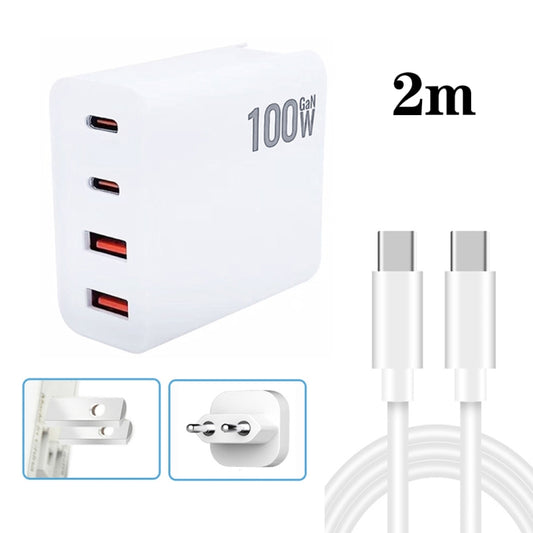 GaN 100 W Dual USB + Dual USB-C/Type-C Caricatore multiporta con cavo dati da 2 m da Type-C a Type-C