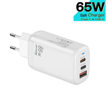 TE-65W GaN PD65W Dual USB-C+USB-A Laptop / Tablet Adapter，EU Plug