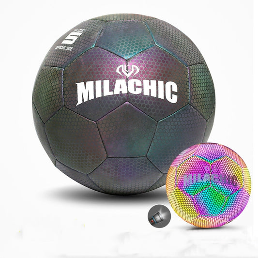 Pallone da calcio riflettente fluorescente luminoso cucito a macchina in pelle PU MILACHIC