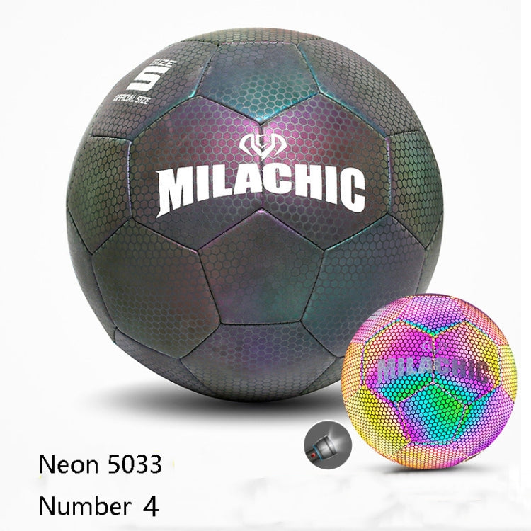 Pallone da calcio riflettente fluorescente luminoso cucito a macchina in pelle PU MILACHIC, specificazione:, Number 4 (Neon 5033), Number 4 (Colorful 5031), Number 5 (Neon 5032), Number 5 (Colorful 5034), Number 5 (Black Gray Rhombic 5039)